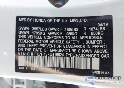 2019 Honda Civic Sport z USA, uszkodzony, nr VIN SHHFK7H43KU419824